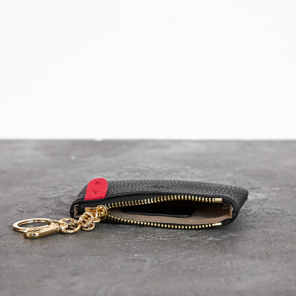 Black Leather Wristlet Keychain with Credit Card Pouch